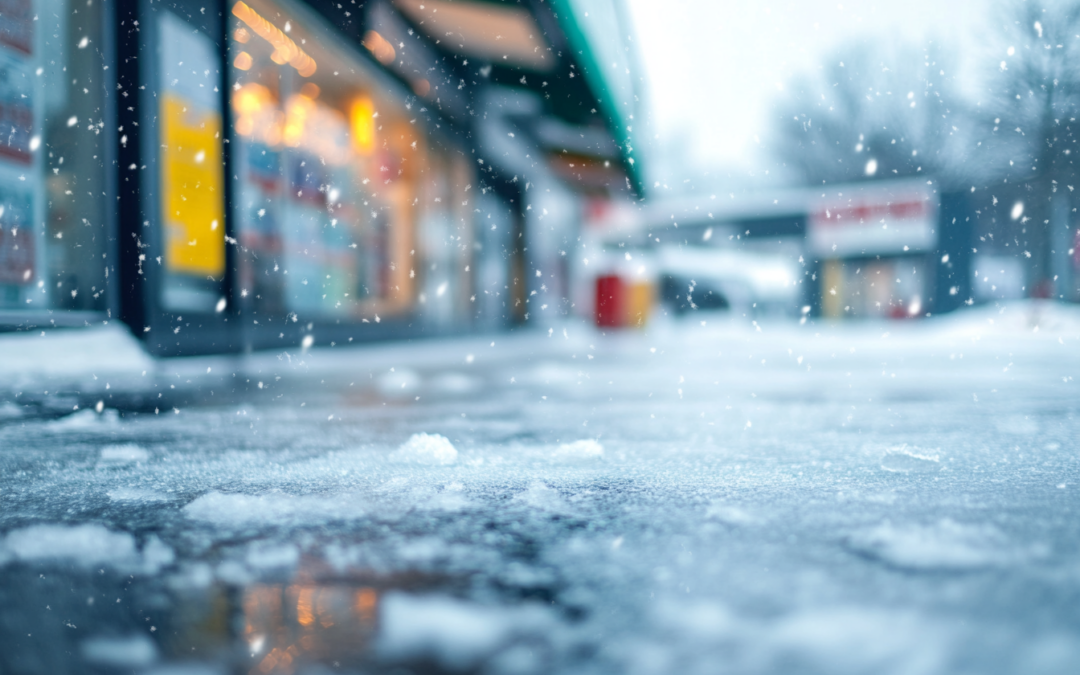 icy sidewalk in front of a store, representing slip and falls